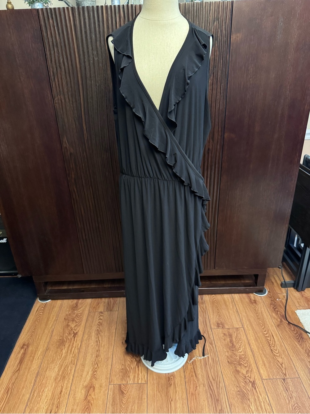 Sleeveless Black Ruffle Wrap Maxi Dress